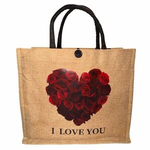 I Love You Heart Rose Jute Tote Bag - Red Heart (Unbranded)